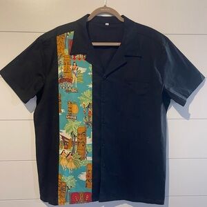 Men's Black Hawaiian Shirt with Blue and Multicolor Panel
